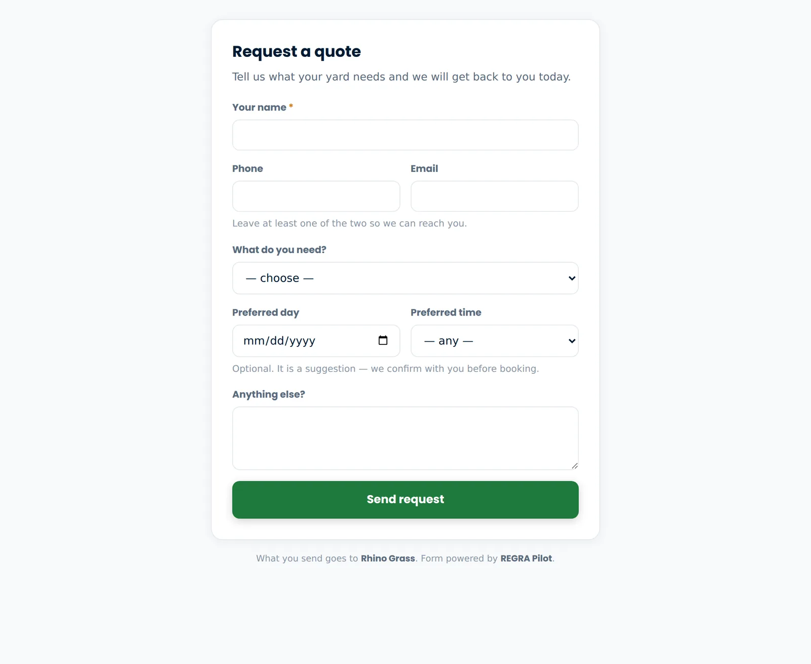 O formulário de pedidos no site de um cliente