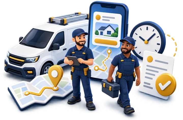 Uma equipe saindo de van com a rota, o endereço e a ordem de serviço no celular